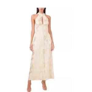Parker The Phoebe Cream And Gold Metallic Maxi Halter Dress Size 14 MSRP$180